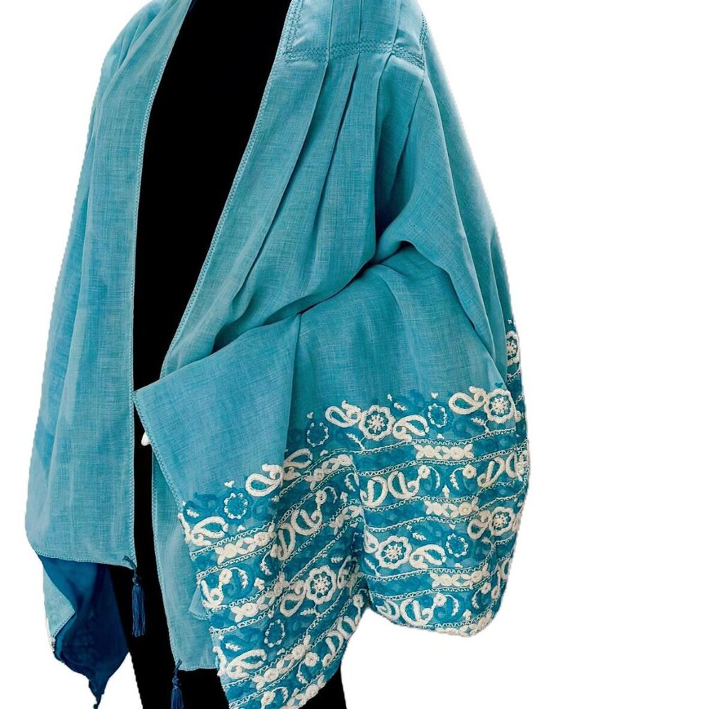 Shawl Dancing Shawl Ikat Crochet Blue White Embroidered Silky Lining Tassels Lg